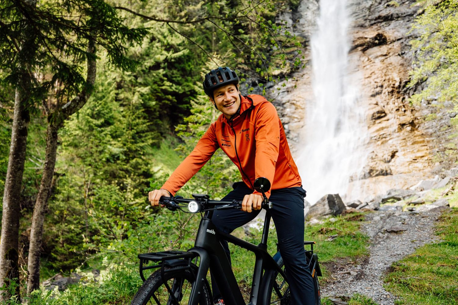 Portrait of Marco Odermatt riding on his Miloo electric bike. Captured by Fabiano Mancesti