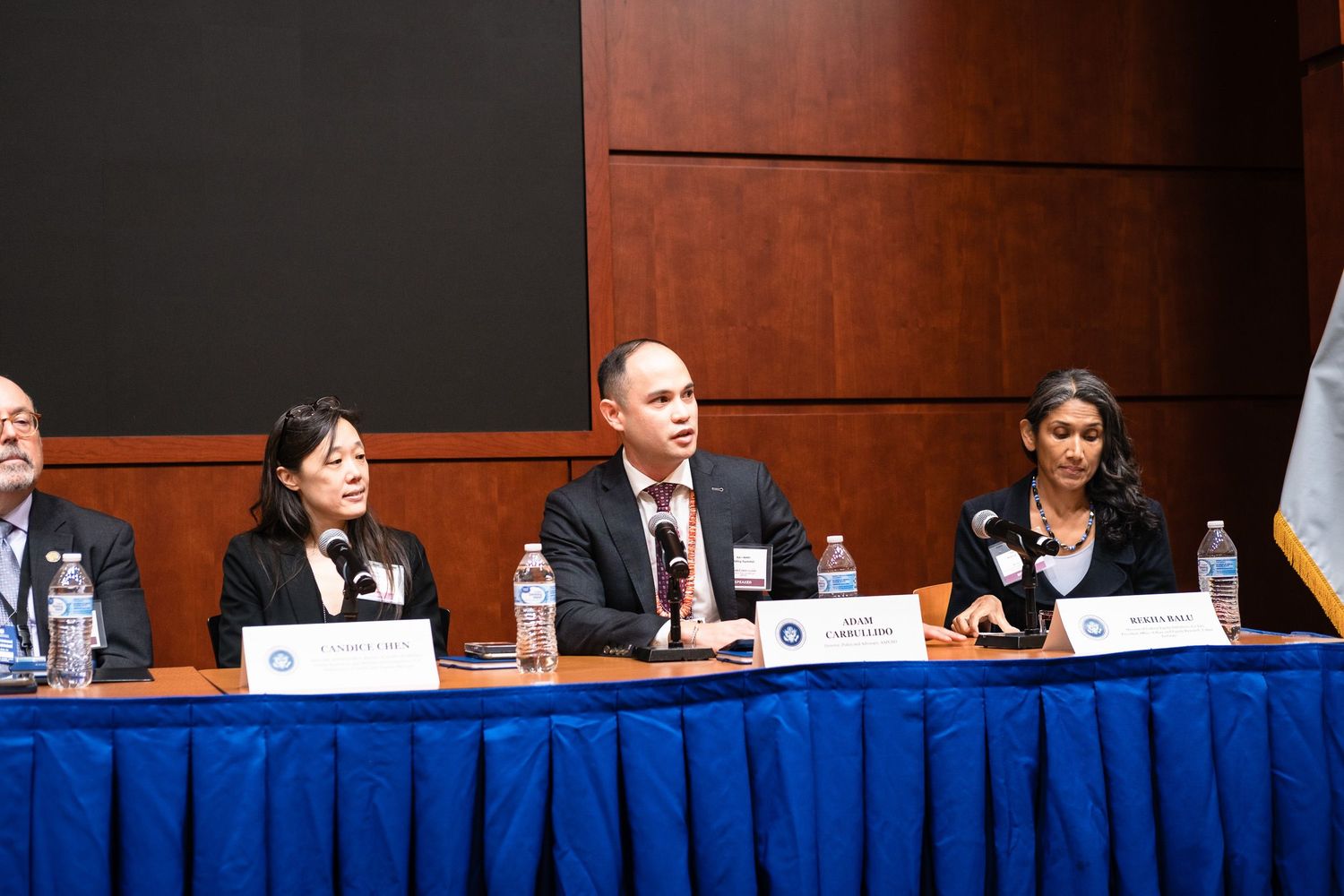 Four professionals sit at a blue-draped panel table during a formal government conference event.
