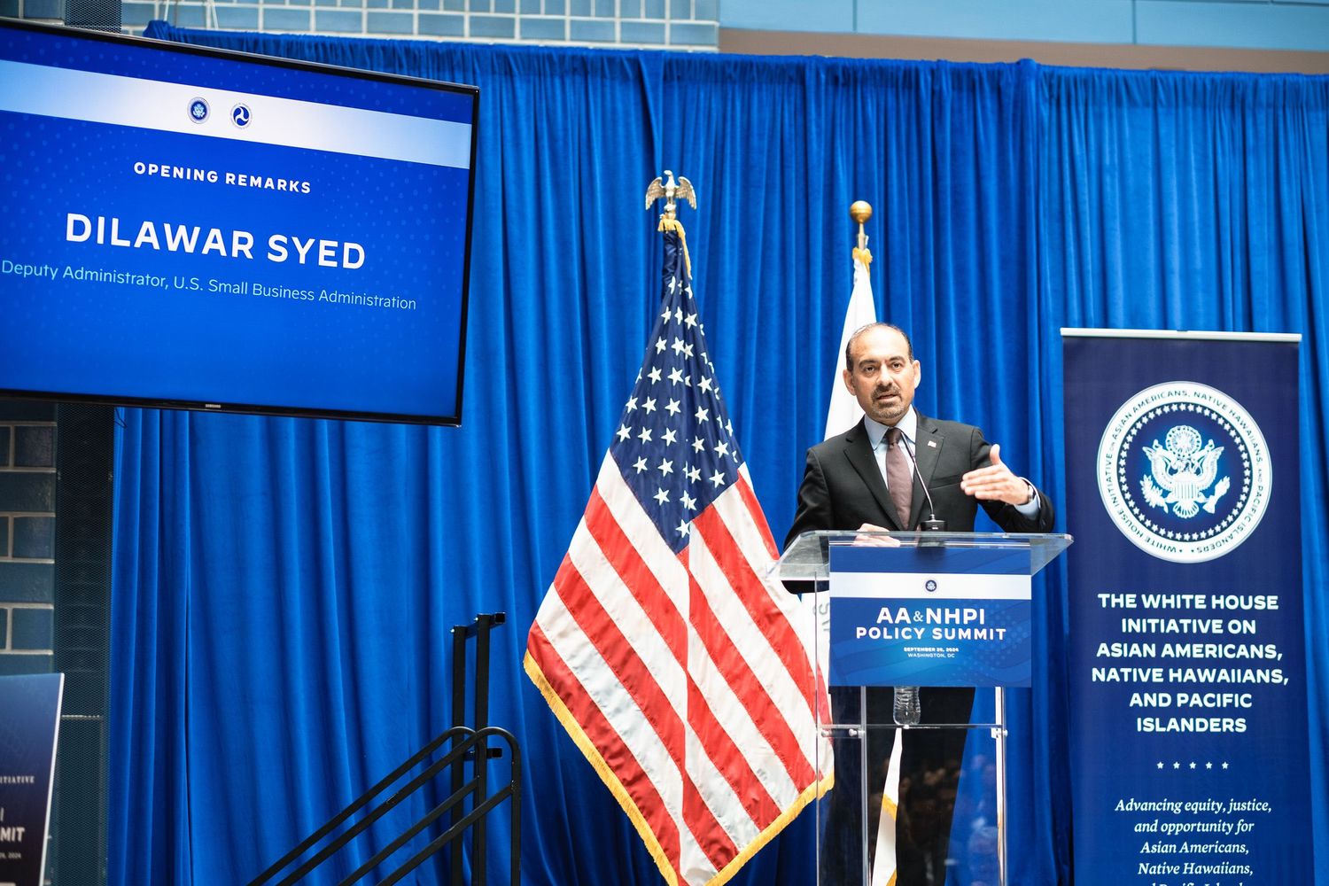 Dilawar Syed, Deputy Administrator of the U.S. Small Business Administration, delivers opening remarks at the AAPI Policy Summit.