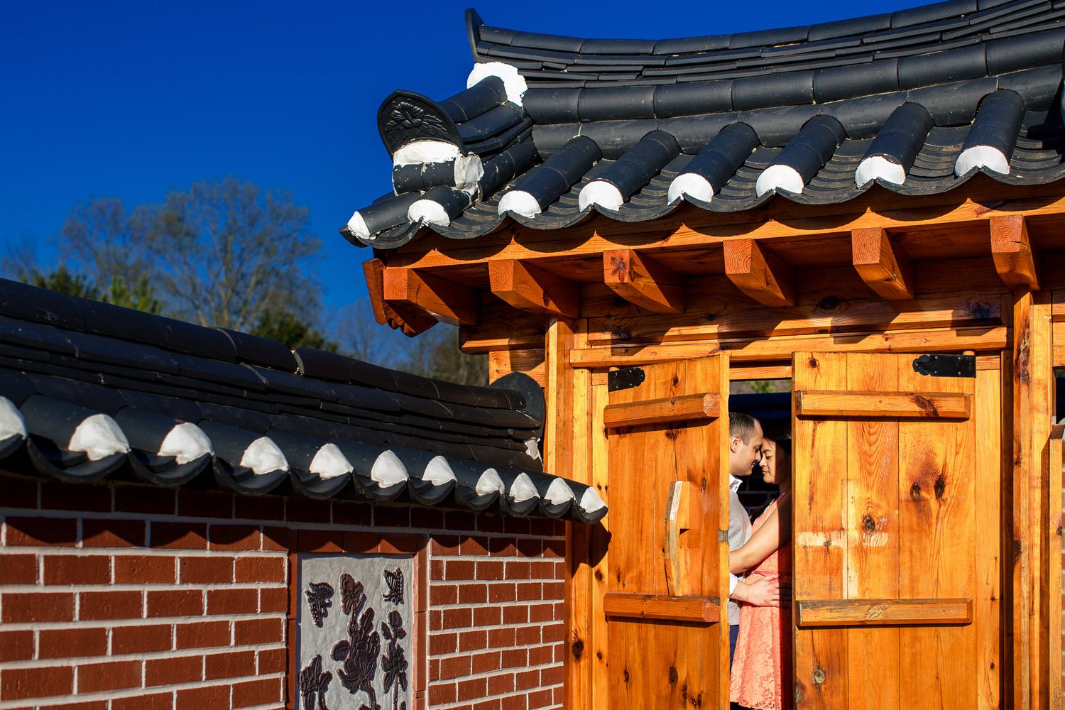 Person peeking through a traditional Korean hanok wooden gate with tiled roof architecture.