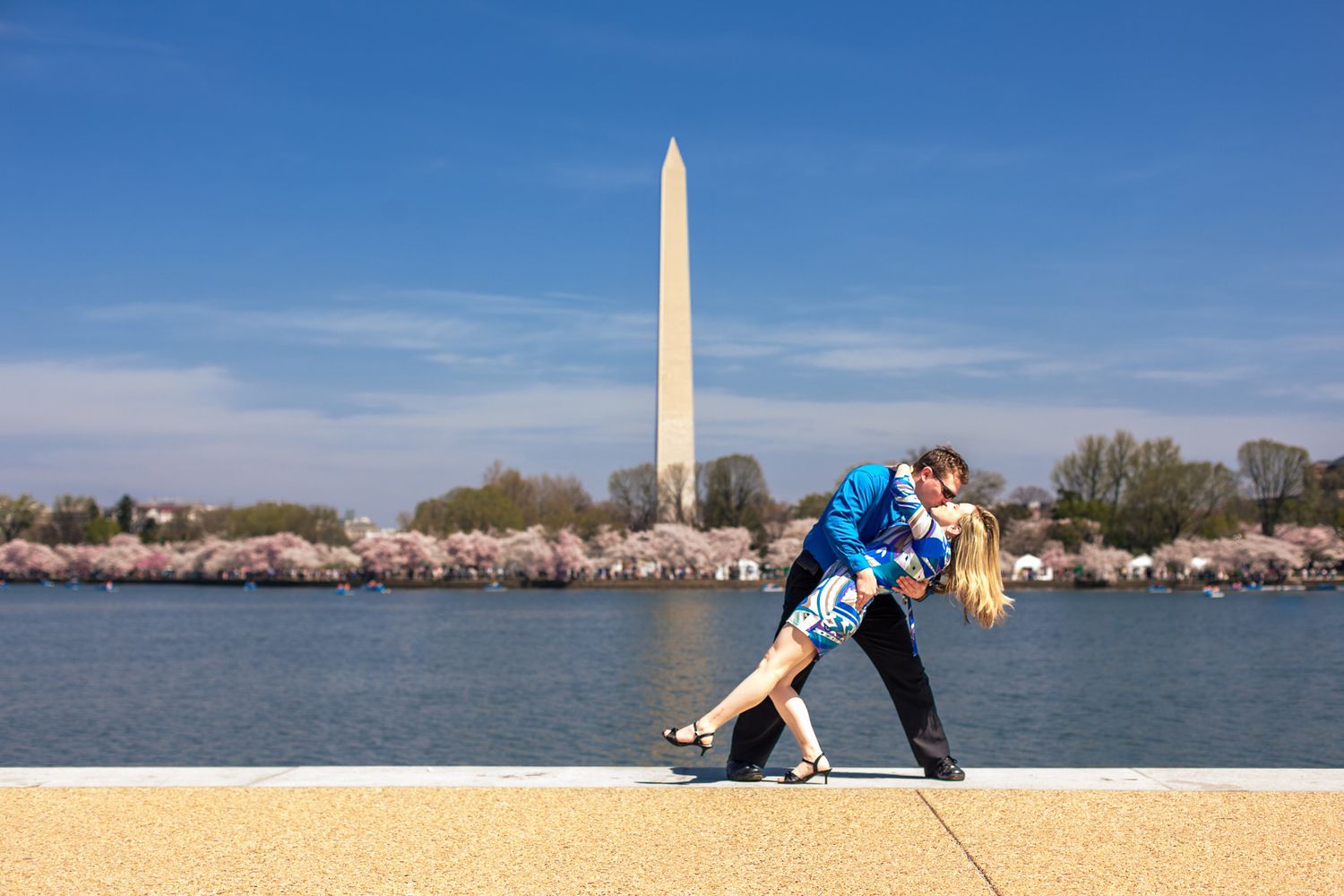 Couple sharing a romantic dip kiss in front of the Washington Monument during cherry blossom season.