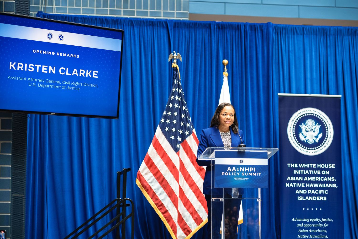 Kristen Clarke delivers opening remarks at the White House Initiative on Asian Americans, Native Hawaiians, and Pacific Islanders summit.