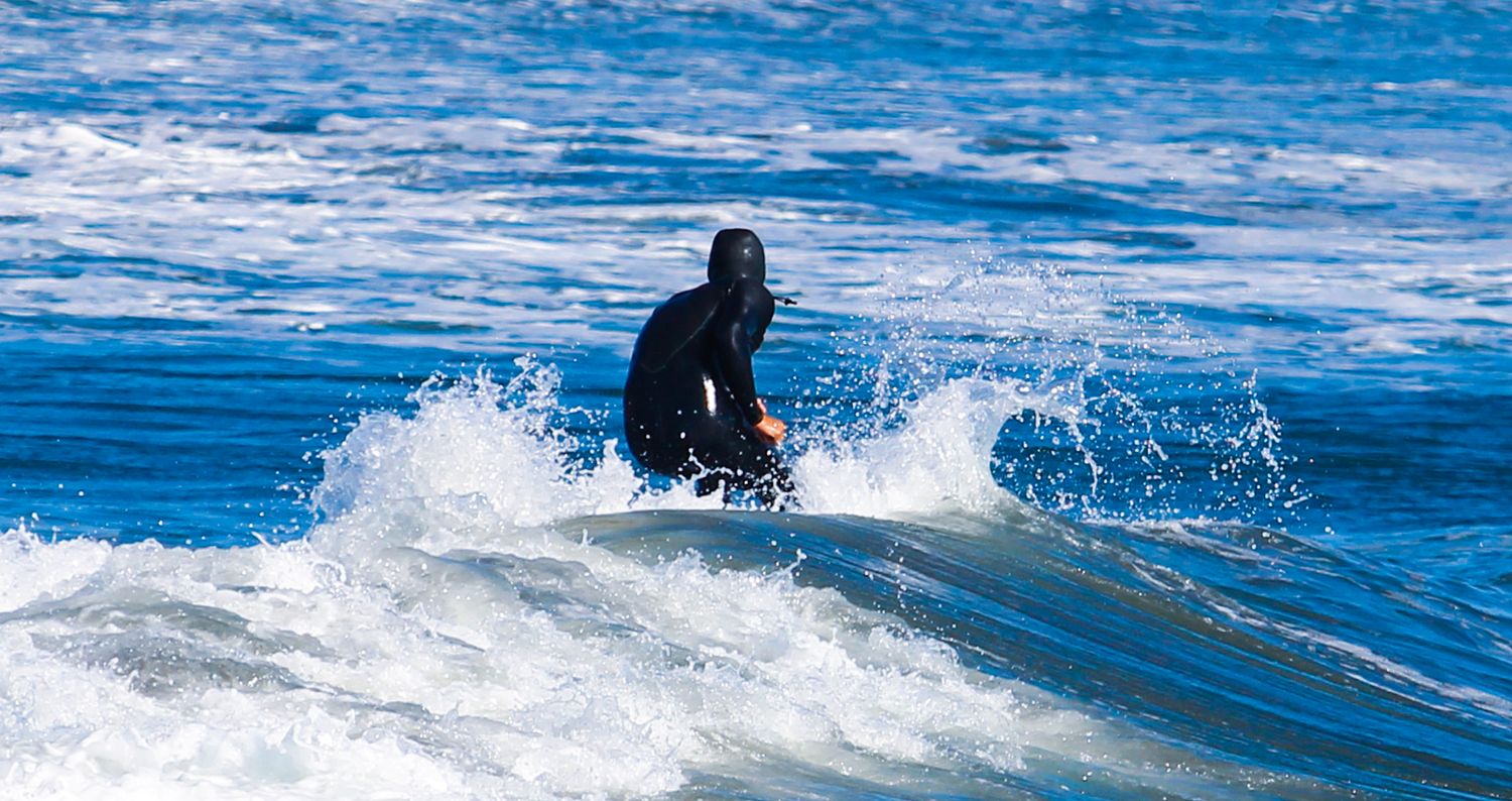 A surfer in a black wetsuit rides a wave in the blue ocean, with white water splashing around them.
