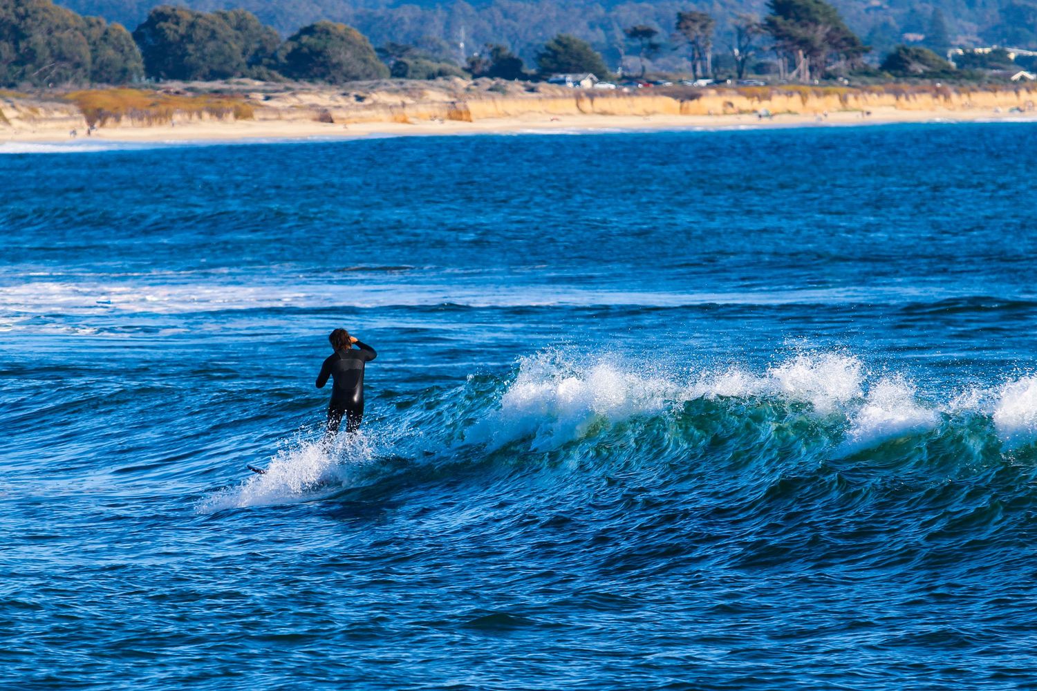 A surfer rides a wave in blue ocean waters near a sandy beach on a clear day.