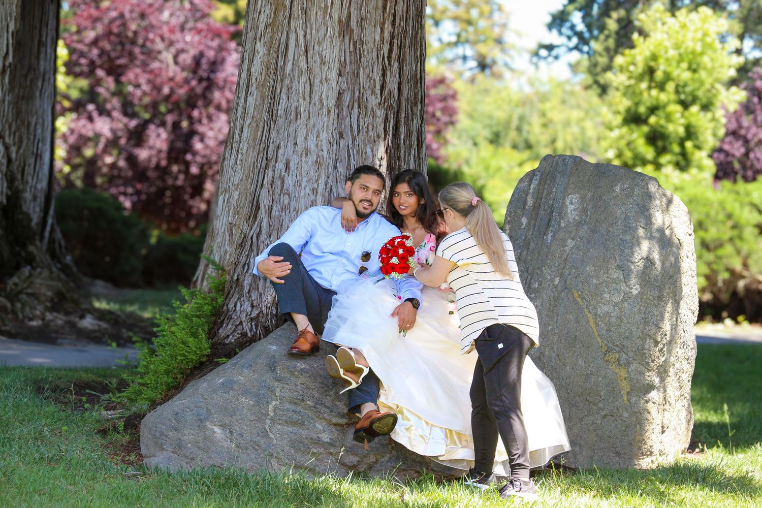 Couple sitting on rocks by a large tree in a park, with a child joining them for a family photo.