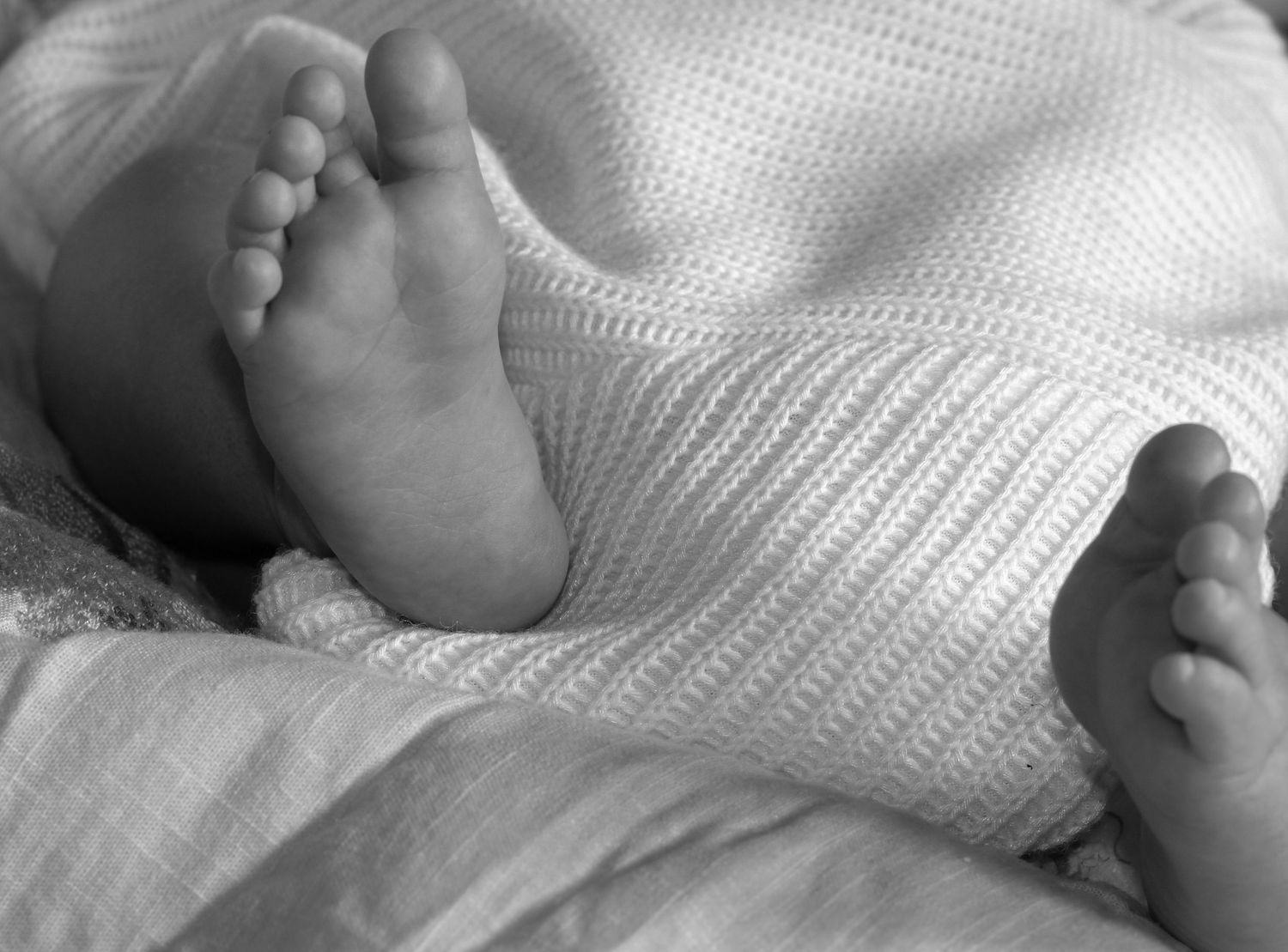 Close-up black and white photo of a newborn baby's tiny feet wrapped in a soft white knit blanket.