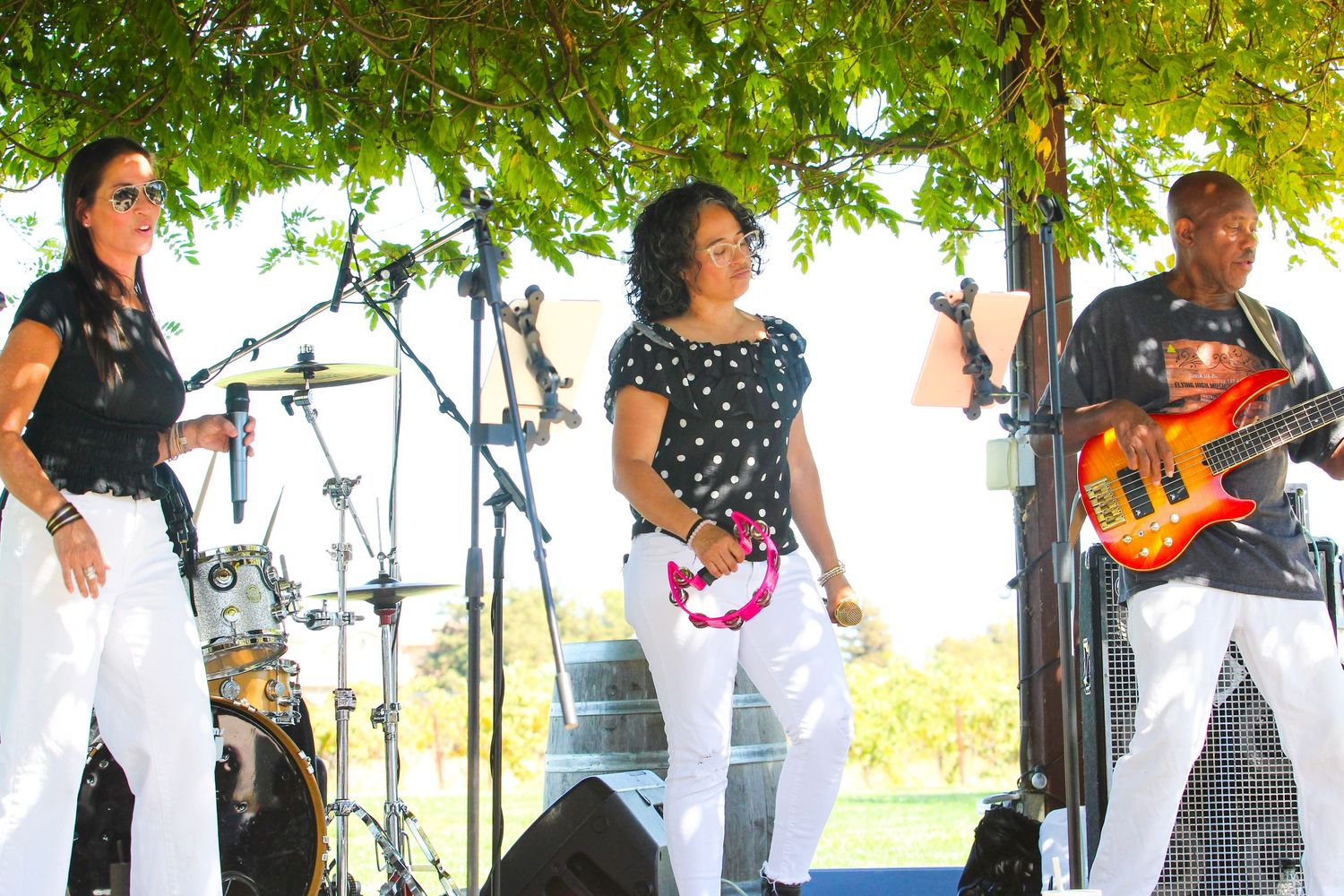Three performers sing and play bass guitar on an outdoor stage under green trees.