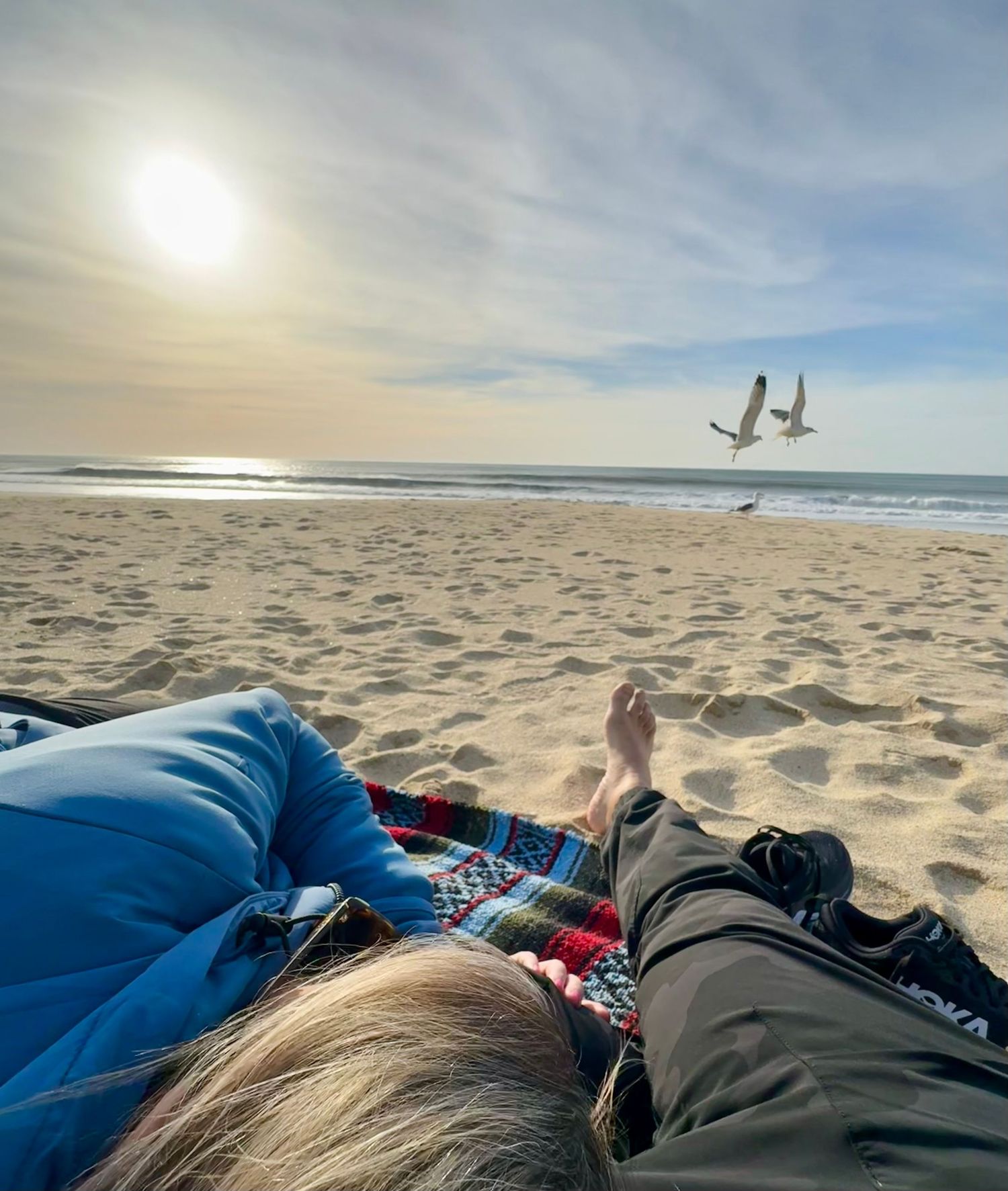 Person relaxing on sandy beach with seagulls flying overhead, ocean waves and sunny sky in the background.