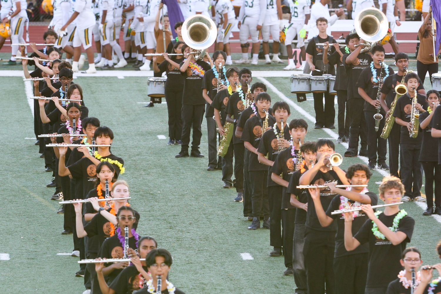 High school marching band performing on football field, students in black uniforms playing flutes and brass instruments.