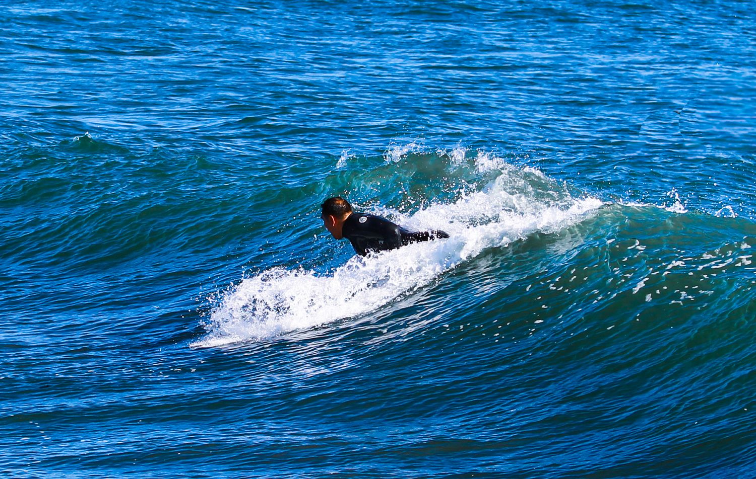 A surfer in a black wetsuit rides a wave on bright blue ocean water.