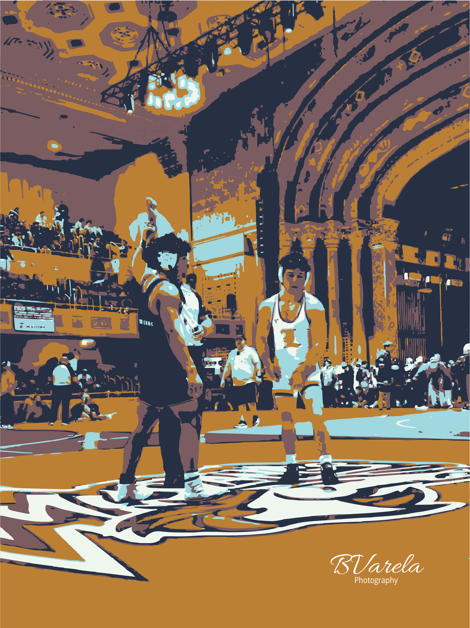 Stylized pop art graphic of a basketball game inside an ornate arena. sport photographer