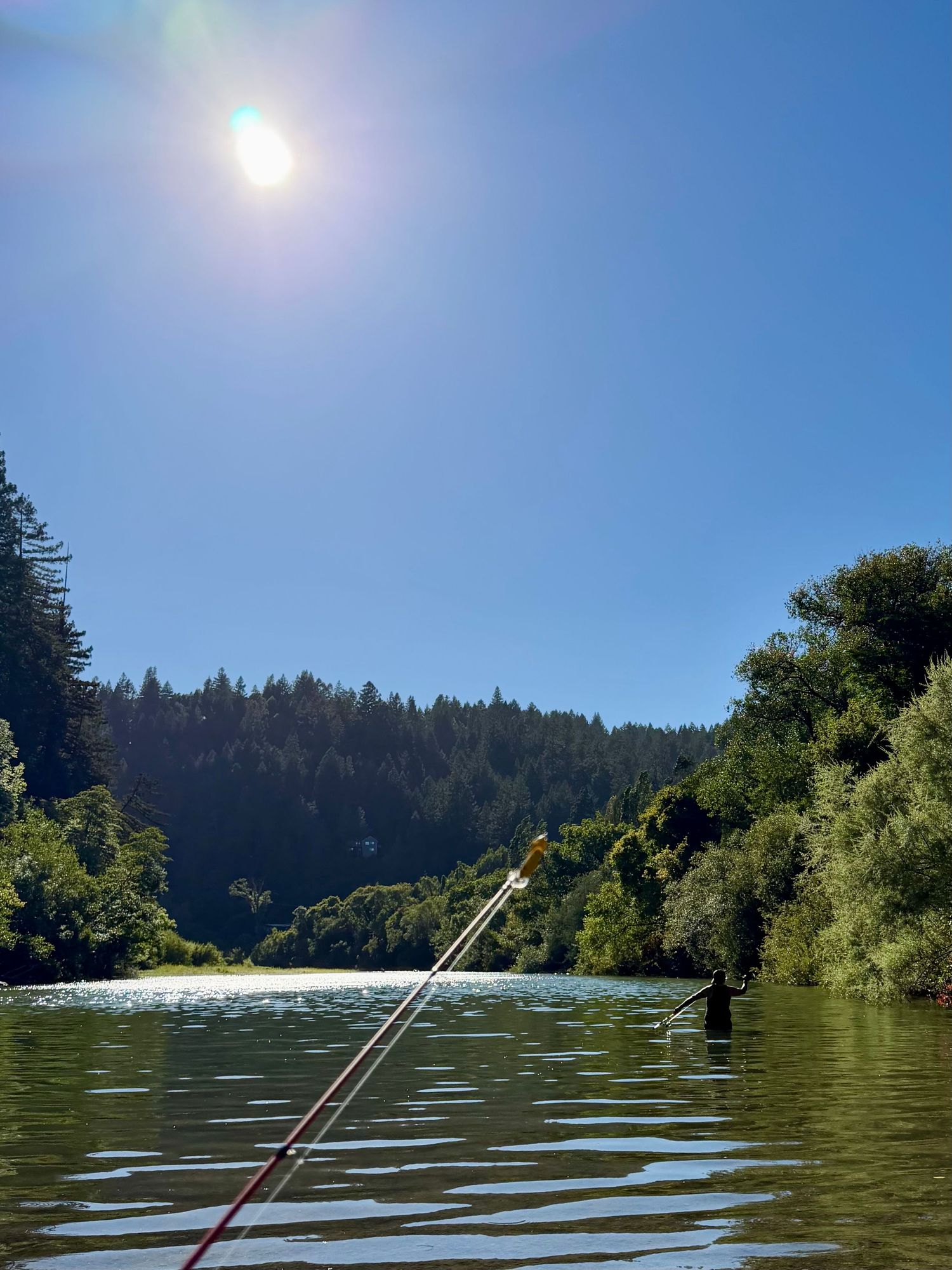Serene river surrounded by lush green forest and hills under a bright sunny blue sky with a fishing rod visible.