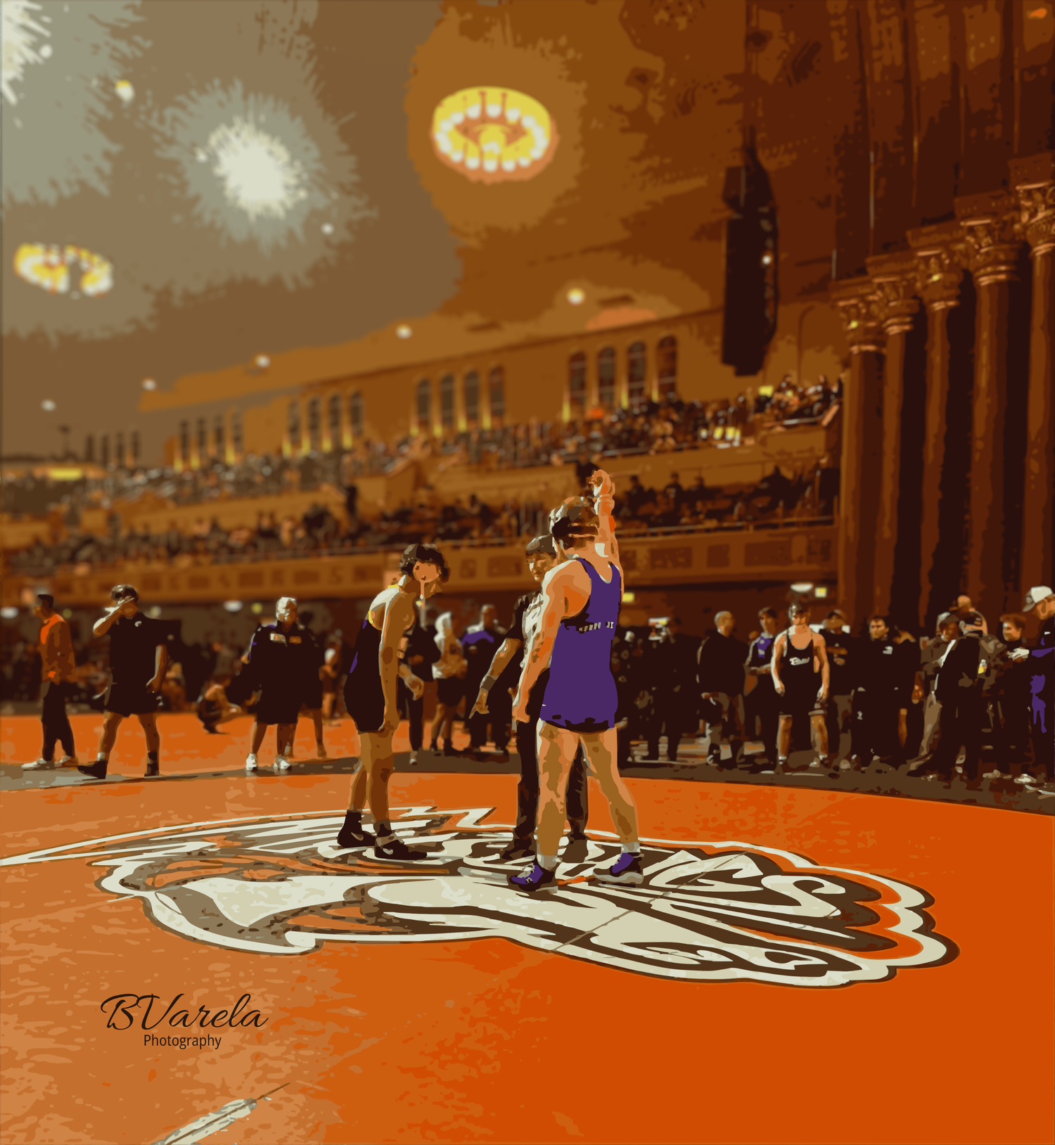 Purple-uniformed wrestler stands on orange Illinois wrestling mat in historic gym. sport photographer