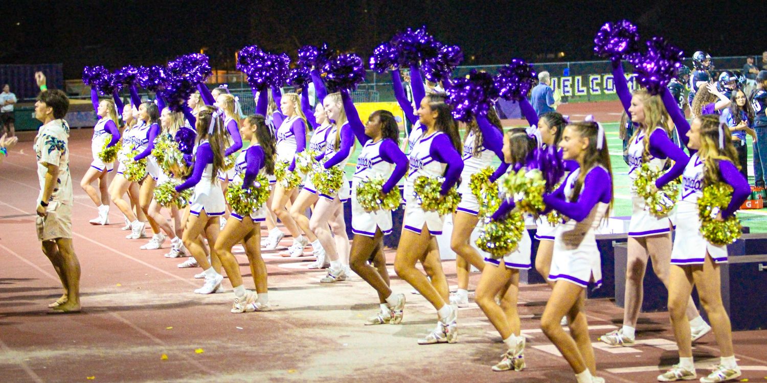 Cheerleaders in purple and white uniforms perform with gold pom-poms on a football field at night.