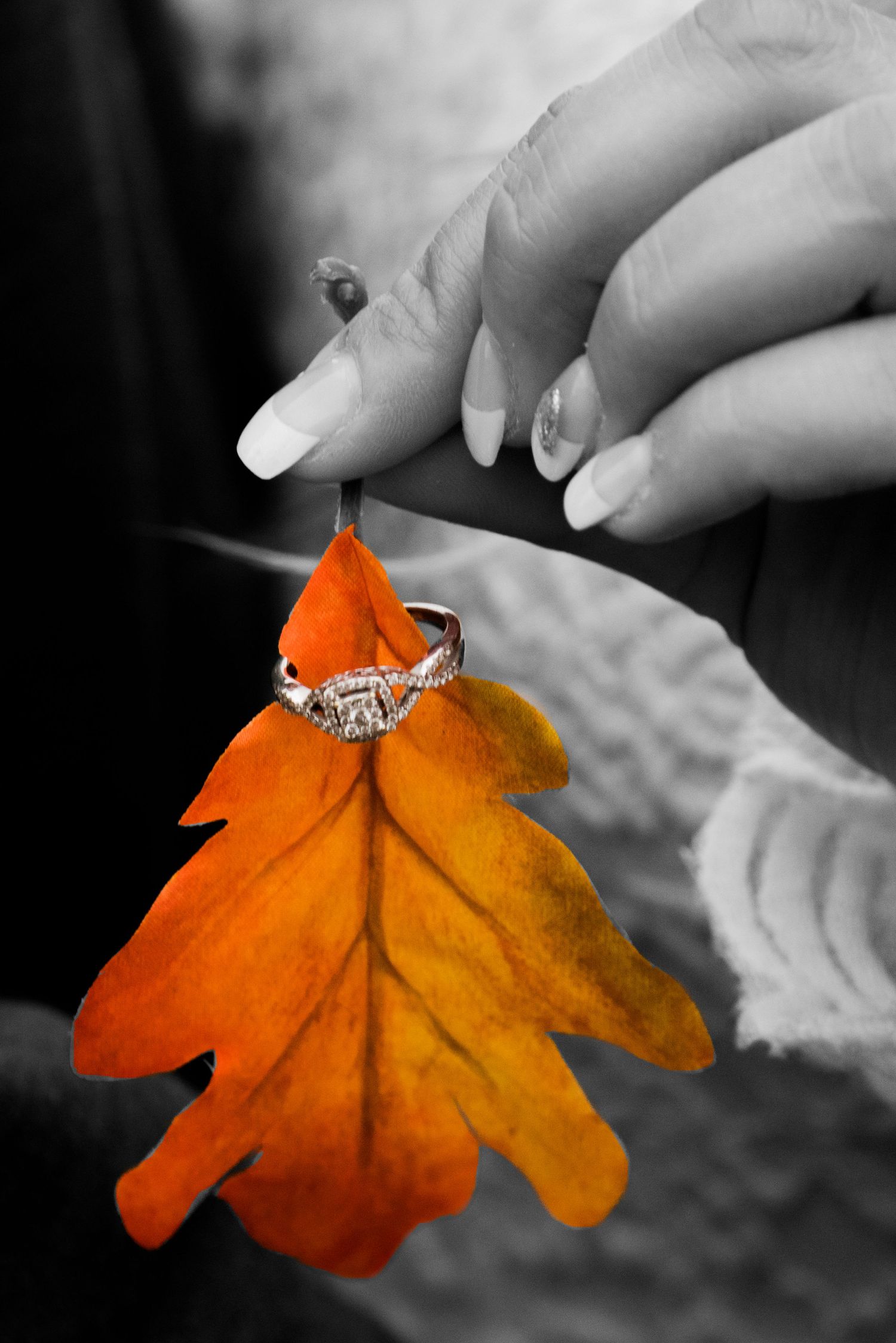 Engagement ring on an orange leaf being held by fingers