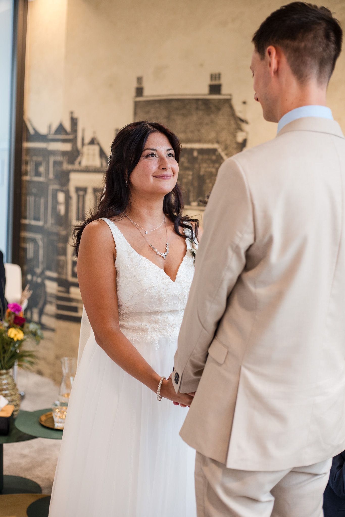Civil wedding ceremony in Gorinchem, Netherlands — candid moment of emotional bride during exchanging vows, documentary wedding photography