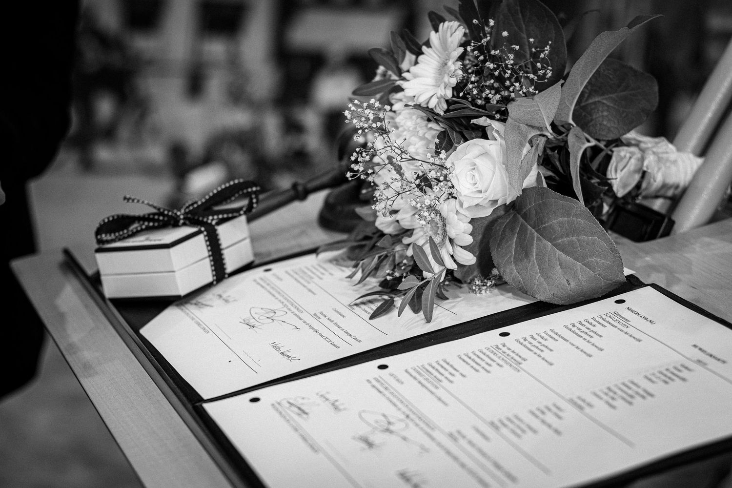 City hall wedding detail with wedding certificate and flowers - 
Gemeente wedding signing ceremony photographer, Hoofddorp
