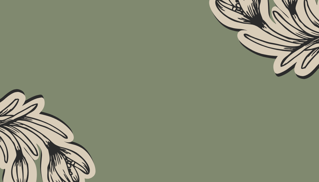 Decorative black and white floral pattern with swirling vines and leaves on a sage green background.