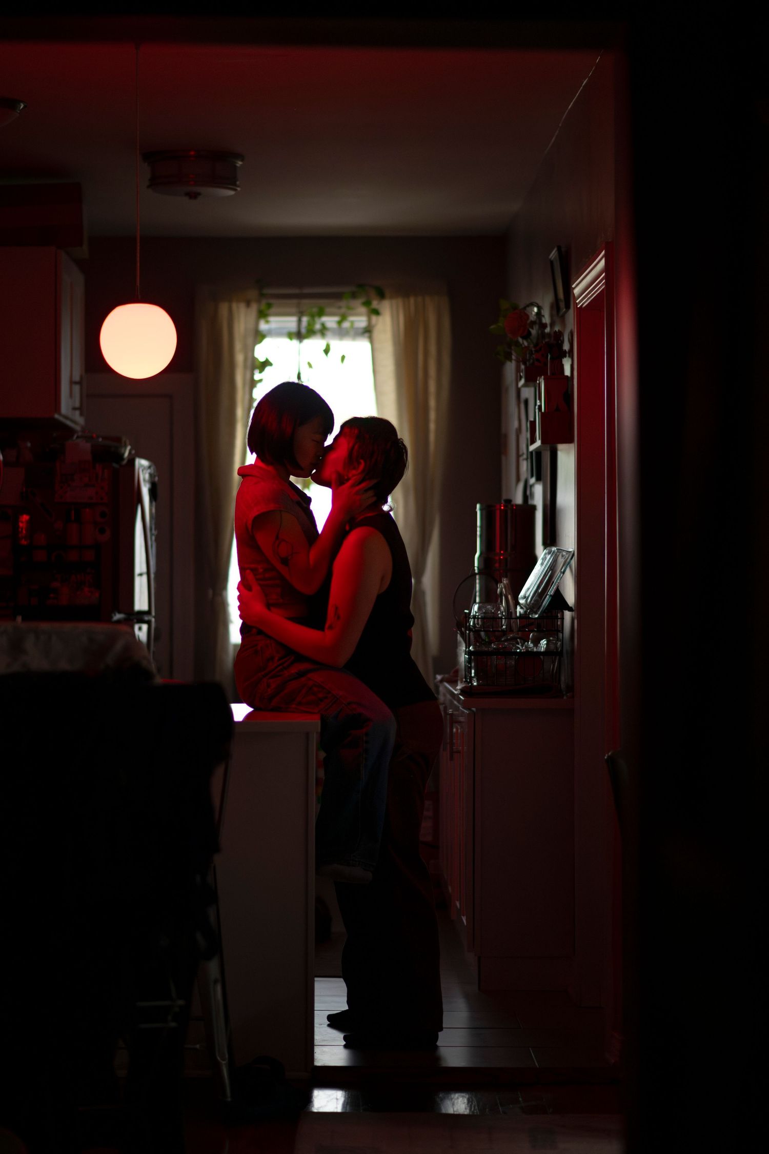 A queer couple kiss in their kitchen, with one partner seated on the kitchen counter, and the other standing in between her legs.