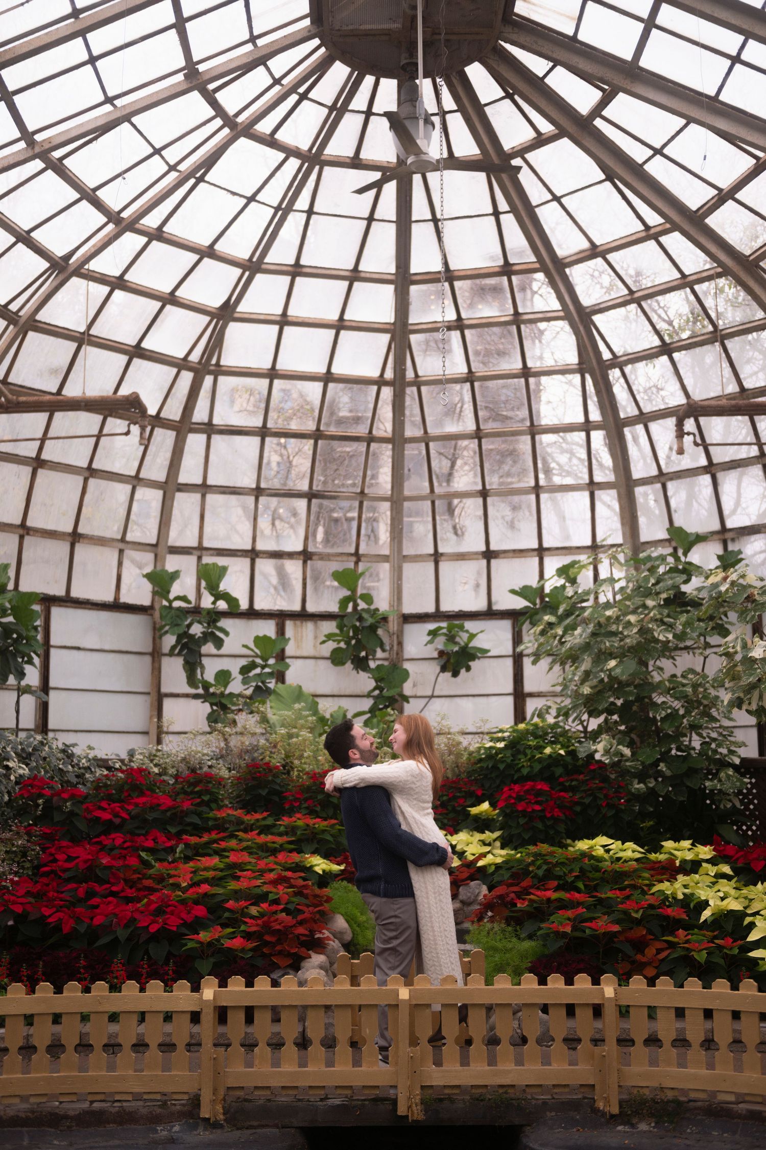 A newly engaged man hugs and lifts his fianceé inside the greenhouse at Lincoln Park Conservatory in Chicago.