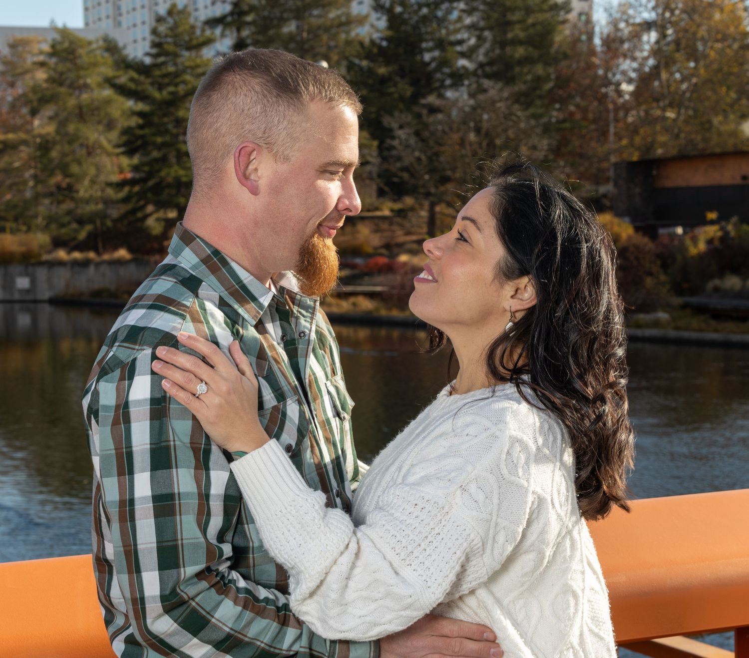 Wedding engagement photography at park.