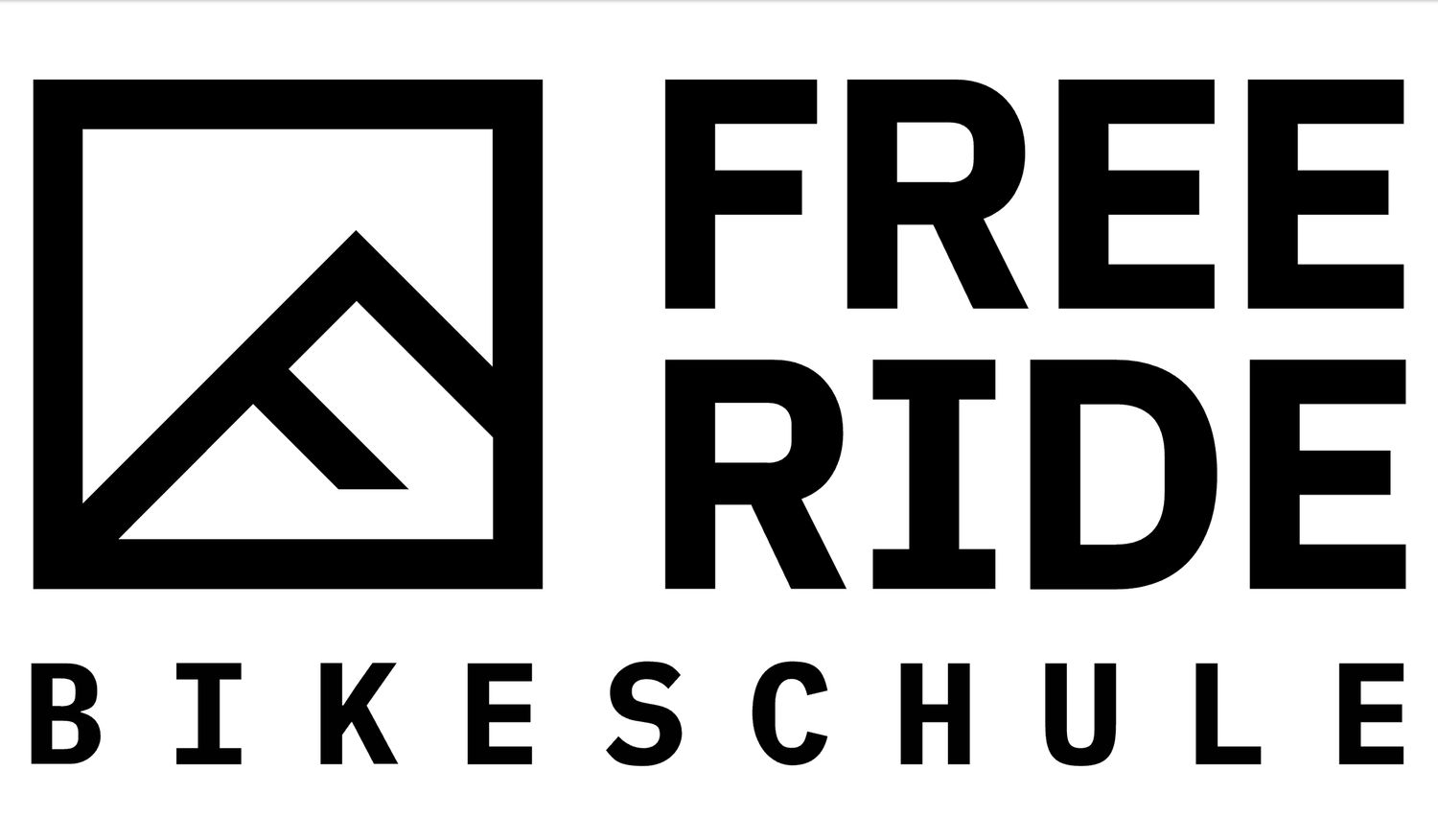 A black and white logo design for Free Ride Bikeschule featuring a minimalist mountain peak symbol and bold text.