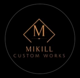 A series of 6 black logo designs show the evolution of a custom works brand mark with copper M lettering.