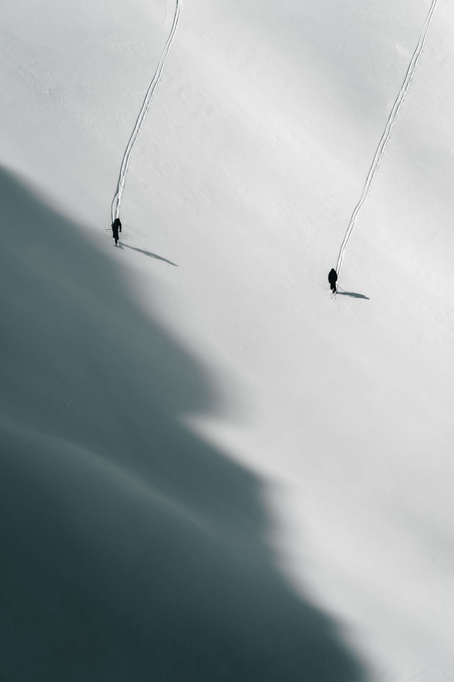 Minimalist winter scene showing two small figures crossing a snowy slope with long shadows.