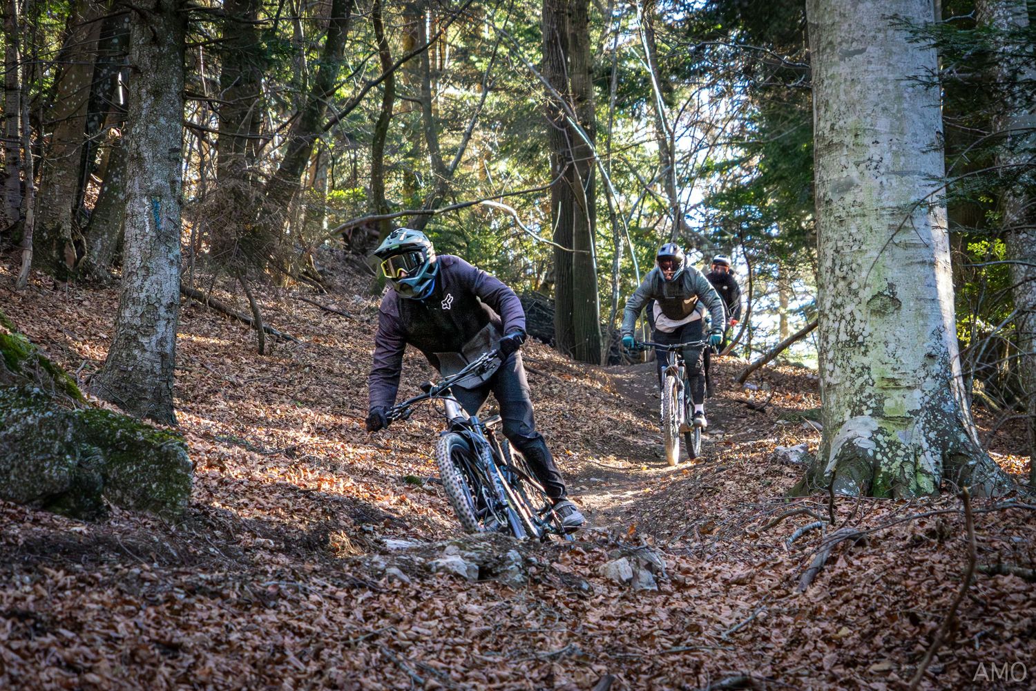 Mountain bikers descending a steep forest trail covered in autumn leaves.