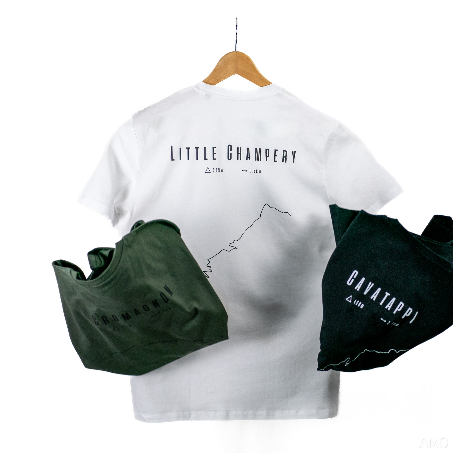 Three t-shirts displayed on hangers with 'Little Chambery' branding in white and dark green colors.