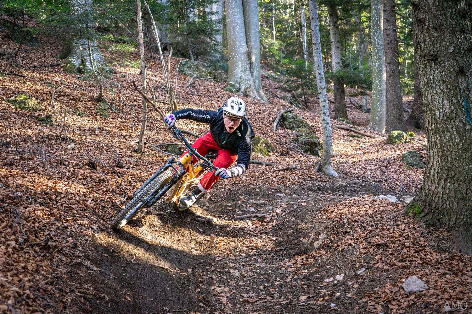 Mountain biker performing a dynamic turn on a forest trail covered in fallen leaves.