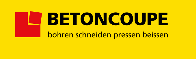 Red and yellow Betoncoupe company logo with slogan 'bohren schneiden pressen beissen' on bright yellow background.