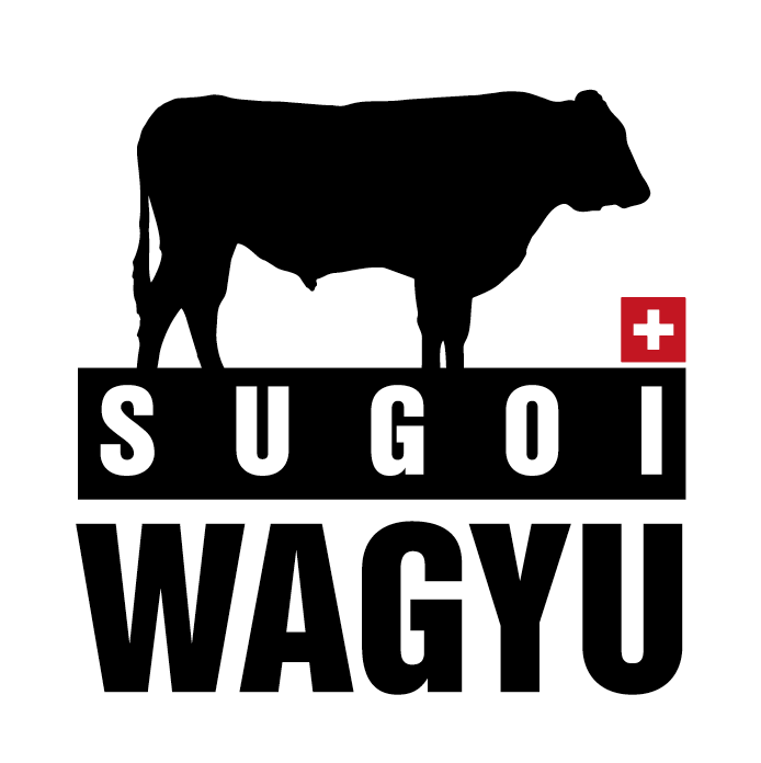 Black silhouette of a cow with SUGOI WAGYU text and Swiss flag logo on black background.