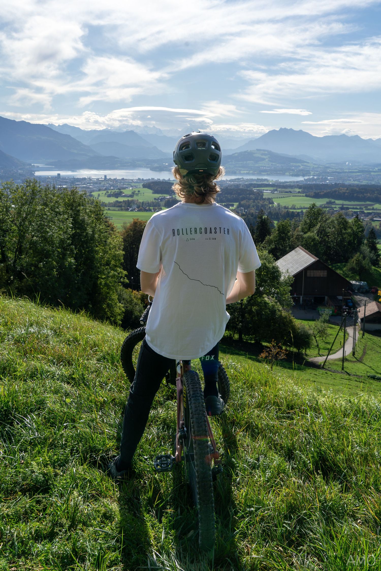 A mountain biker overlooks a scenic valley landscape with mountains and a lake in the background.