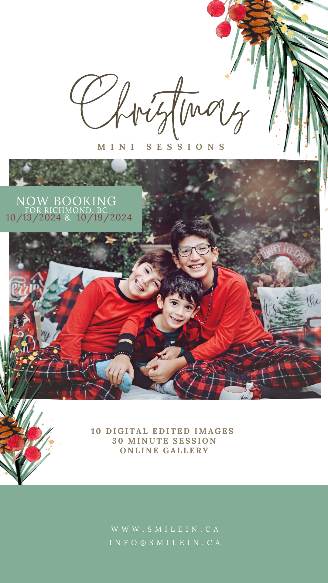 Christmas mini photo session advertisement with pine branch decorations and promotional text on sage green background.