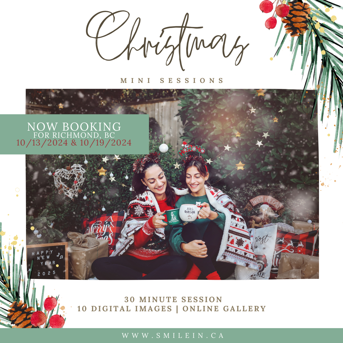 Holiday mini photo session promotional template with festive pine and berry decorations on green background.