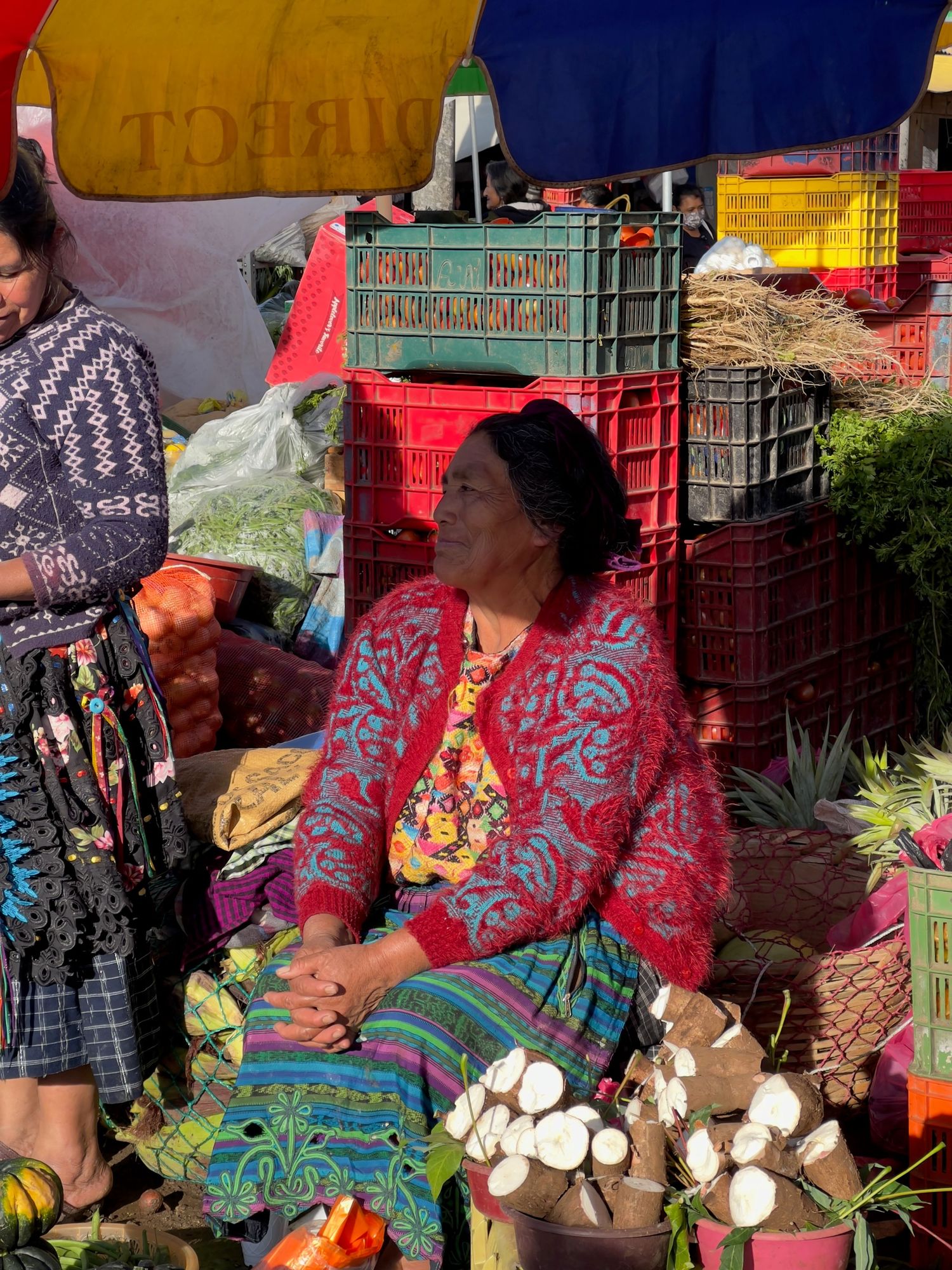 A woman in a colorful red floral top sits at an outdoor market surrounded by fresh vegetables and stacked crates.