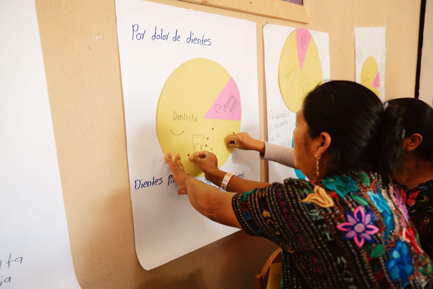 Woman in traditional Guatemalan attire arranges pie charts on a whiteboard during an educational workshop.