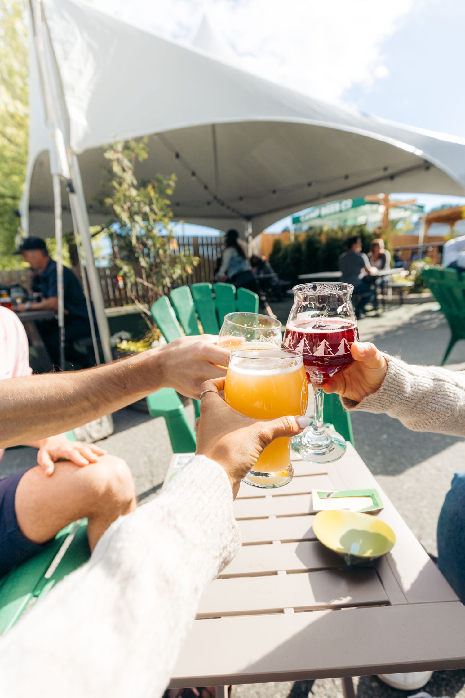 Friends toasting with craft beer glasses at an outdoor brewery patio on a sunny day.