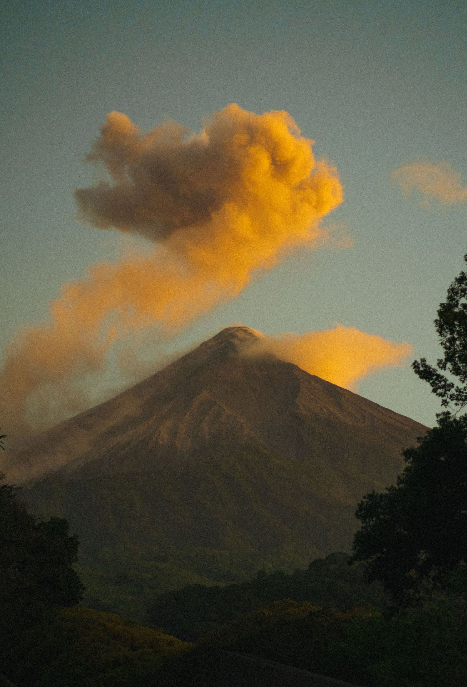 Active volcano erupting golden smoke plume at sunset with lush green trees in foreground.