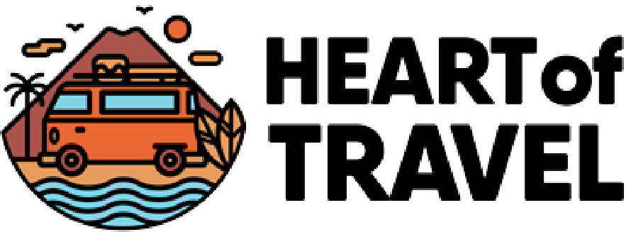 Heart of Travel logo featuring a colorful van illustration with mountains, palm tree, and ocean waves in a circular badge design.