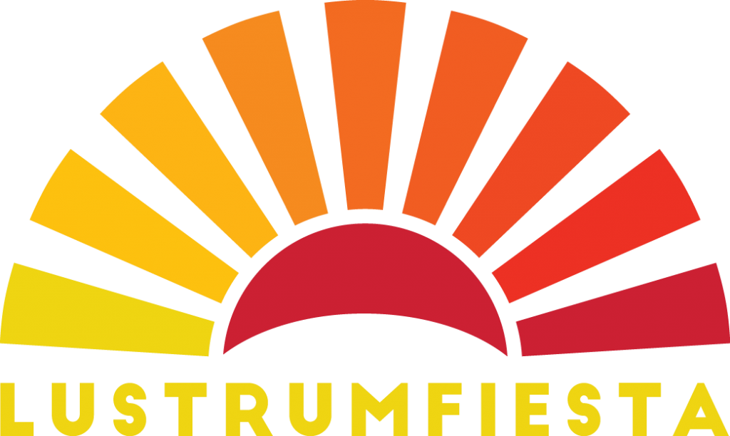 Lustrumfiesta logo with a colorful sunburst in red, orange, and yellow above a bold red semicircle.