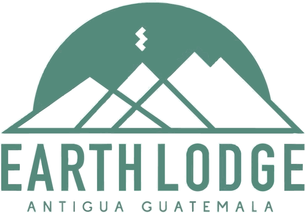 Earth Lodge Antigua Guatemala logo featuring teal mountains and a lightning bolt icon against a semicircle backdrop.