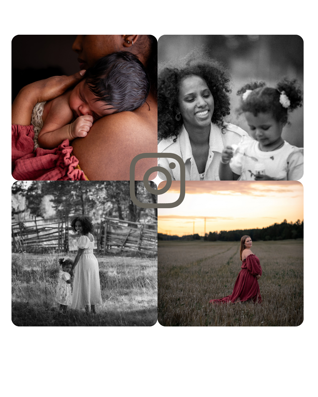 Collage of maternity photos including newborn, mother with child, and sunset field portraits.