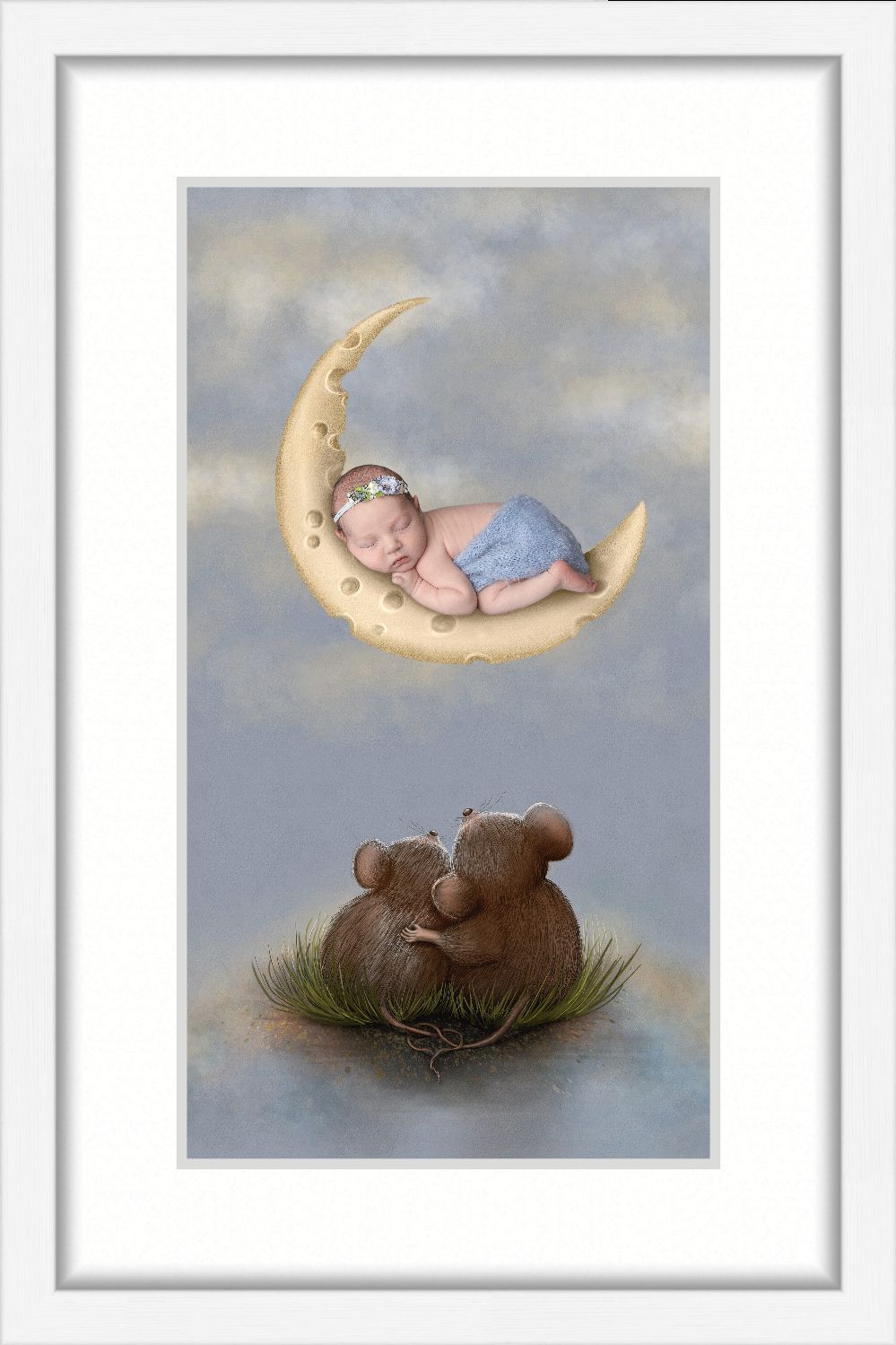 Whimsical newborn portrait with baby in blue wrap posed on swiss cheese moon, surrounded by loving mice illustration