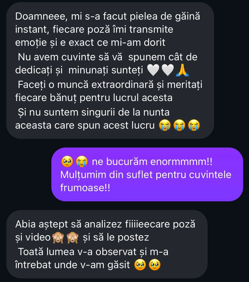 Romanian wedding photographer shares glowing client testimonial messages praising their work on a mobile phone screen.