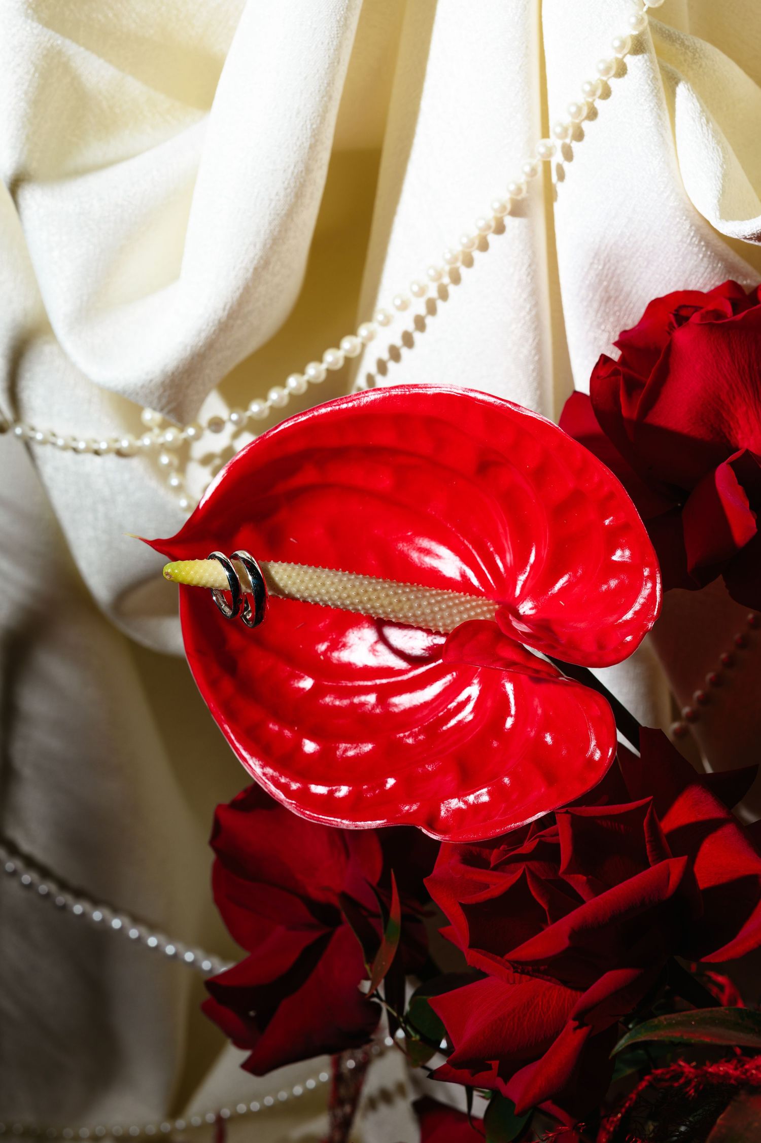 Red anthurium flower with pearl necklace and red roses on white fabric backdrop.