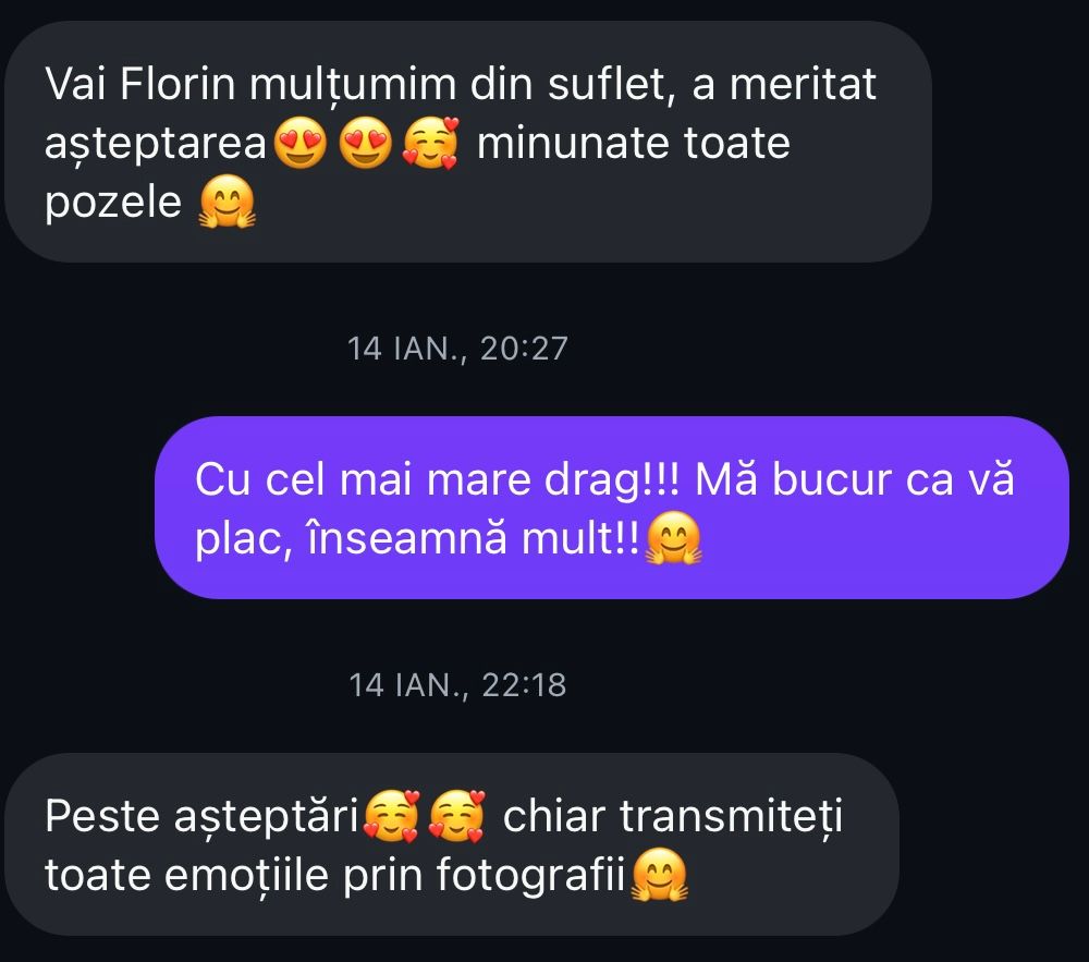 Romanian Messenger chat praising exceeded expectations in emotional wedding photography.