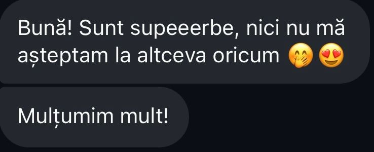 Romanian chat expressing surprise at superb wedding photos with clown and heart eyes emojis.