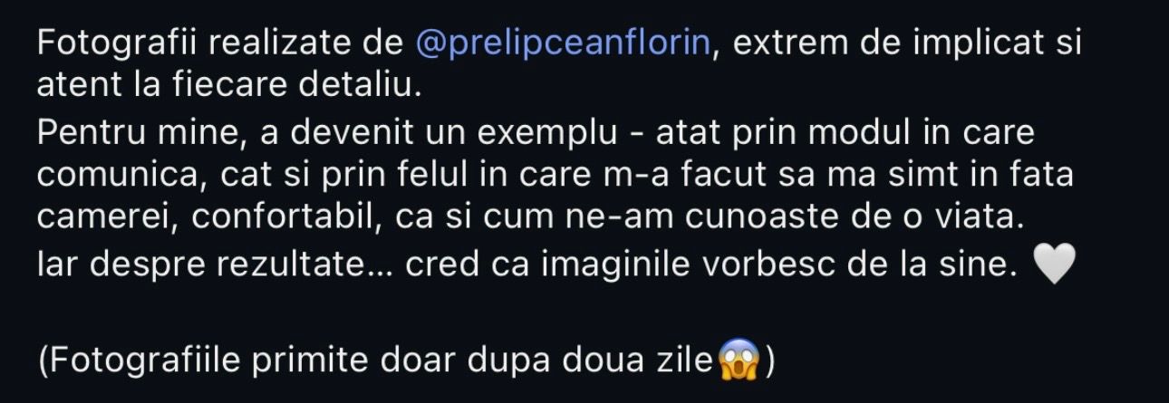 Romanian five-star client testimonial review praising photographer prelipceandFlorin's work.